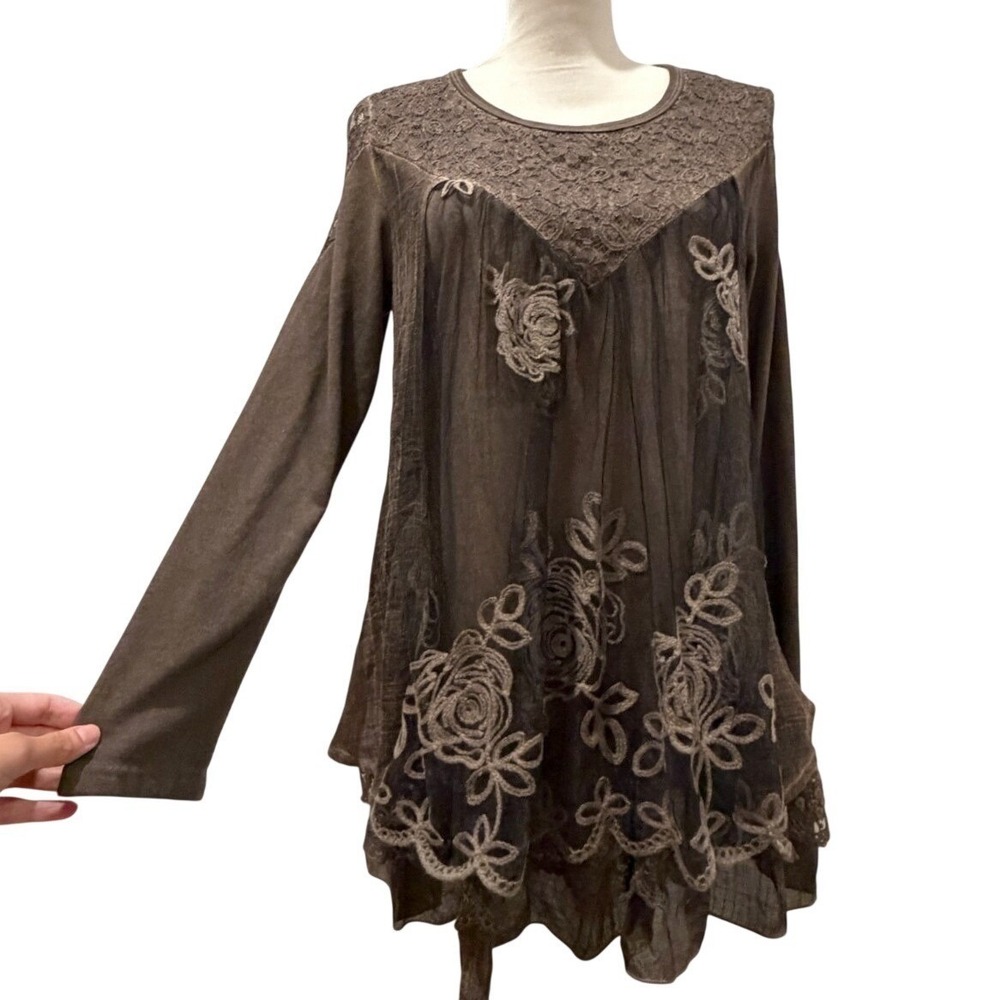 VTG Feratelli Womens M Brown Lace Floral Babydoll Top Whimsigoth Fairy Grunge